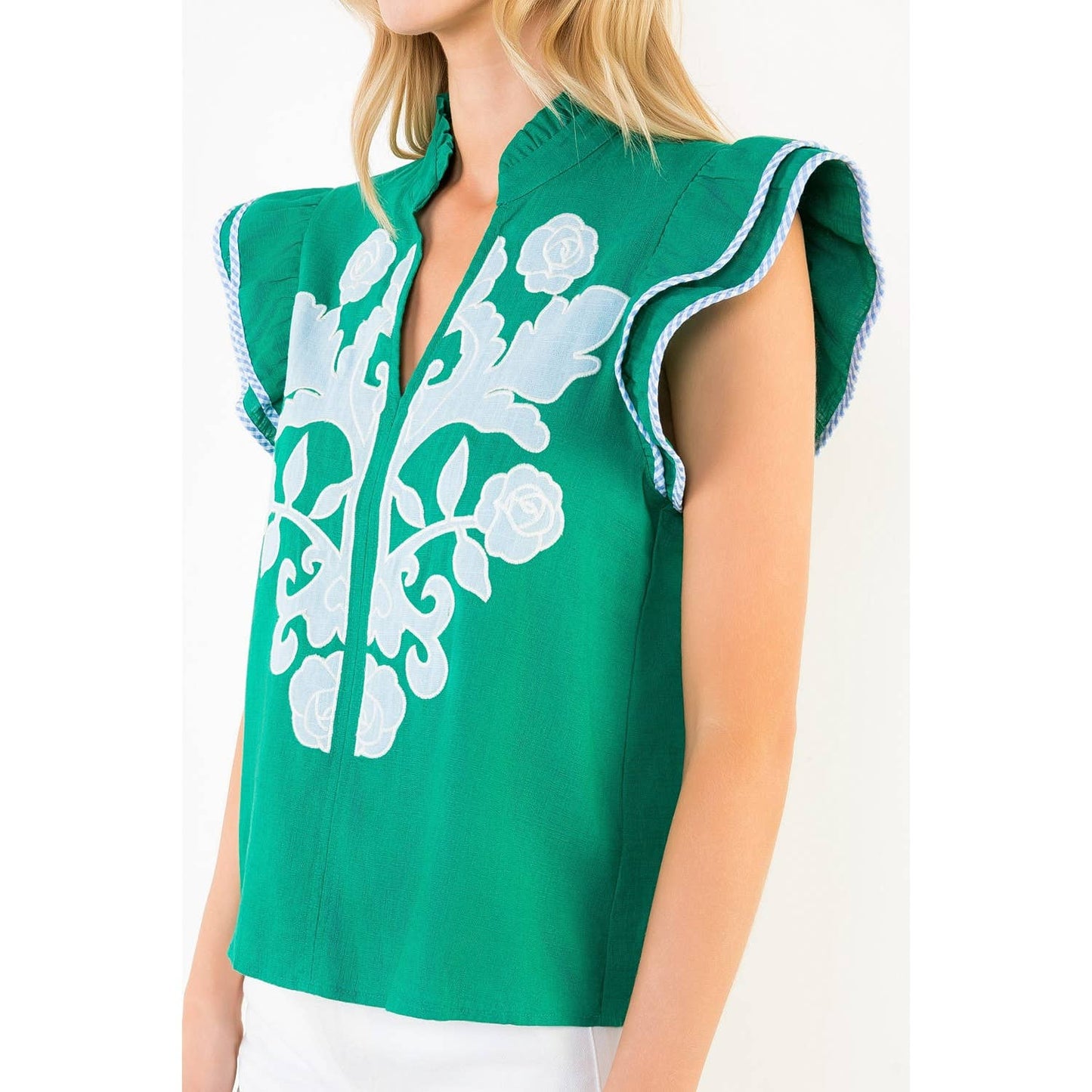 Embroidered Top With Ruffled Flutter Sleeves
