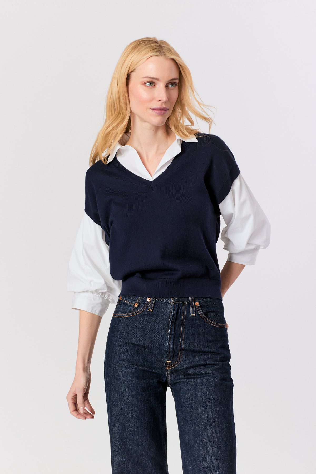 PUFF SLEEVE 2 FER 1 TOP - NAVY