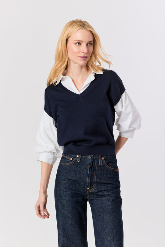 PUFF SLEEVE 2 FER 1 TOP - NAVY