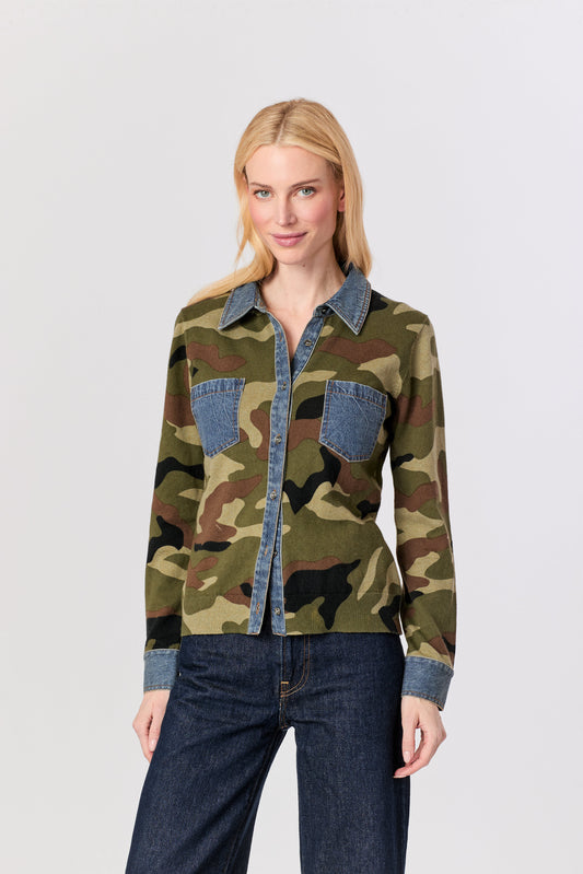 CAMO SHIRT WITH DENIM COLLAR