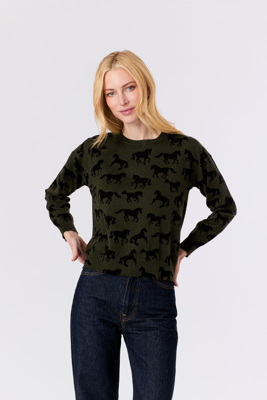 HORSES CREW SWEATER - MILLITARY