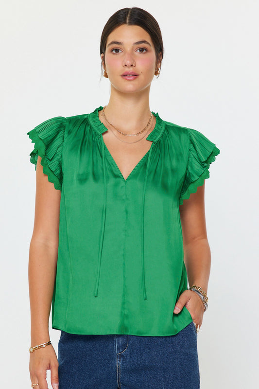 RUFFLE V-NECK TOP - GREEN