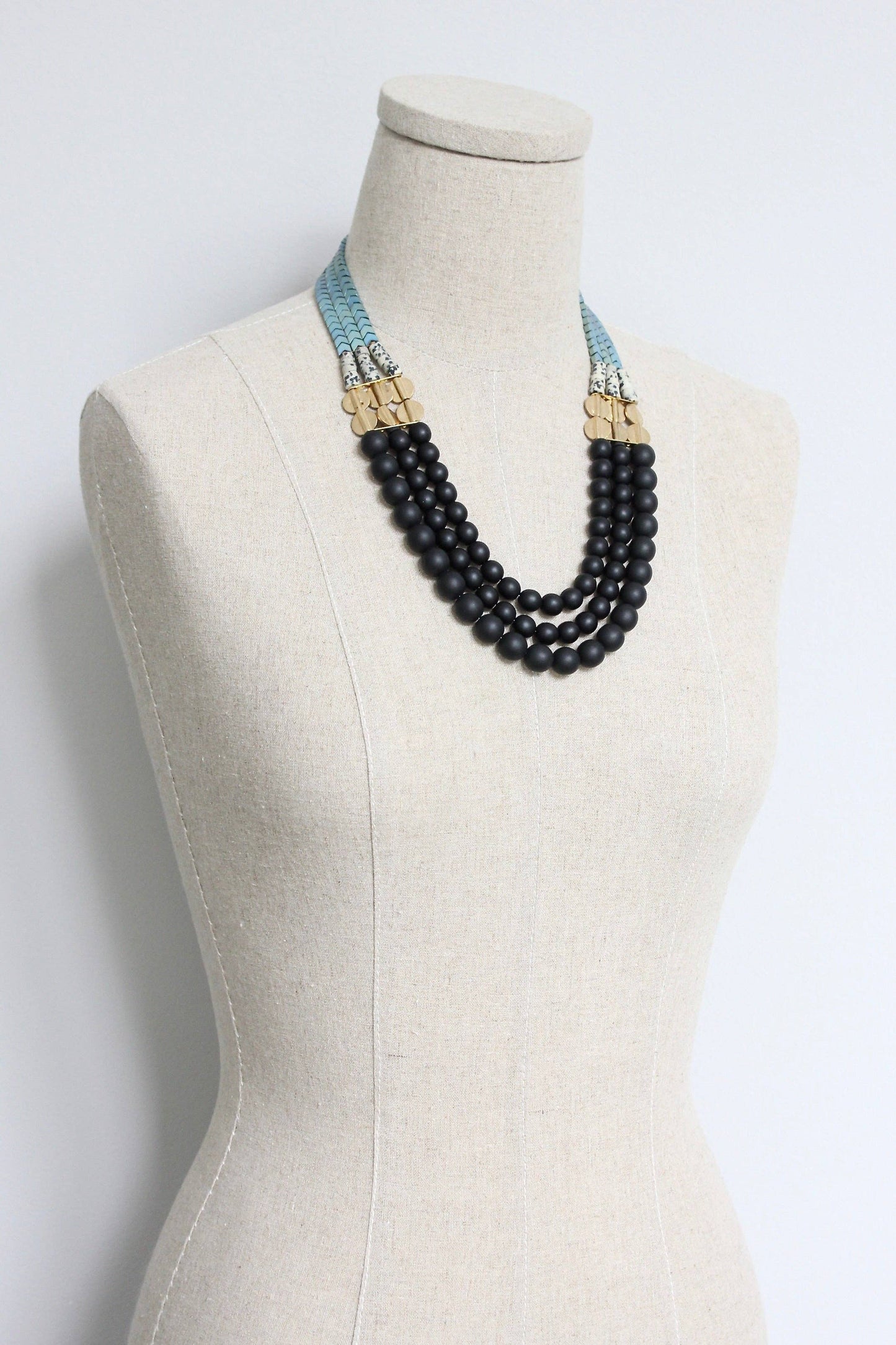 HYL221 Jet glass and hematite triple strand necklace