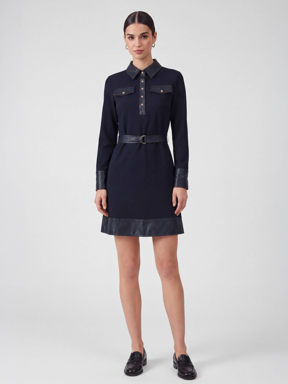 Polo Knit Mini Dress With Faux Leather Contrast