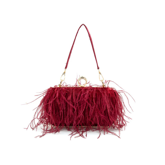 FEATHER FRINGE EVENING BAG - BURGUNDY