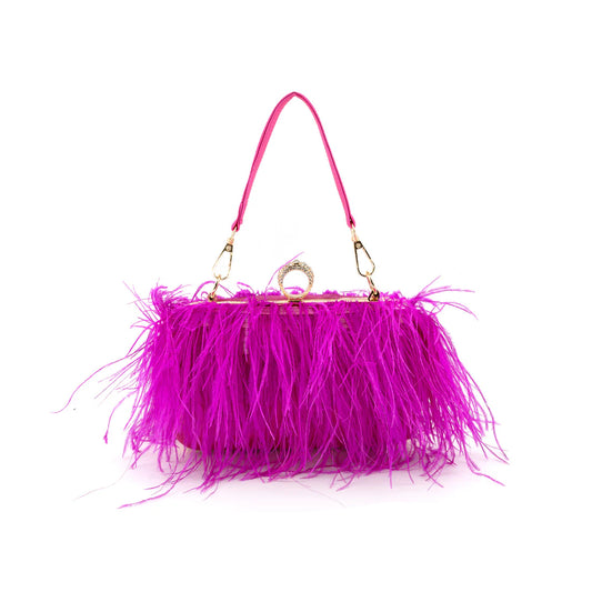 FEATHER FRINGE EVENING BAG - FUSCHIA