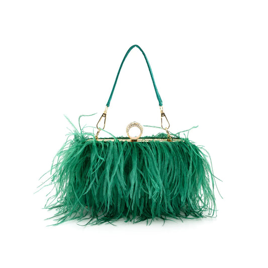 FEATHER FRINGE EVENING BAG - GREEN