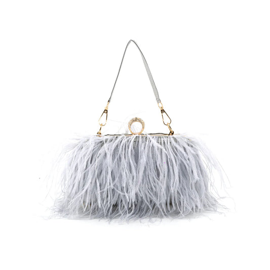 FEATHER FRINGE EVENING BAG - SILVER