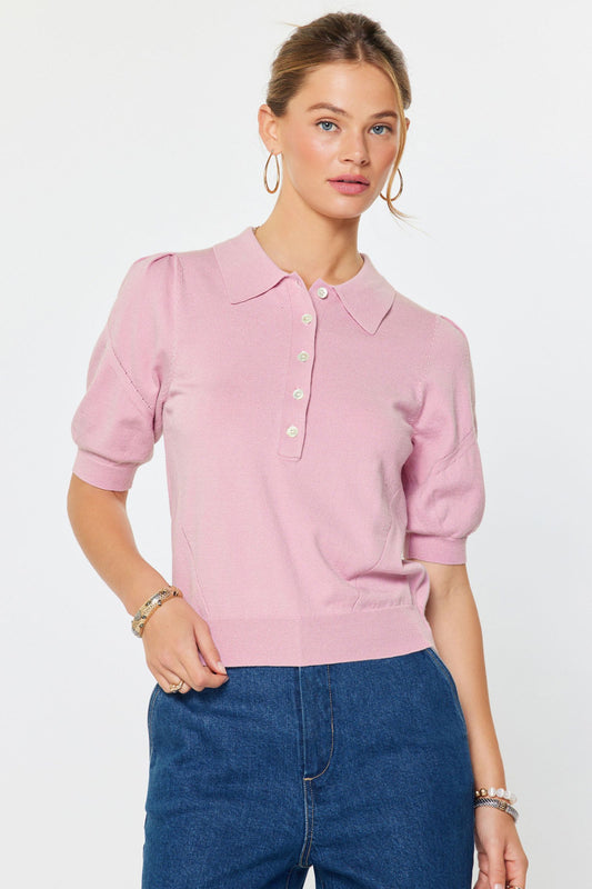 CLASSIC POLO KNIT TOP - PINK