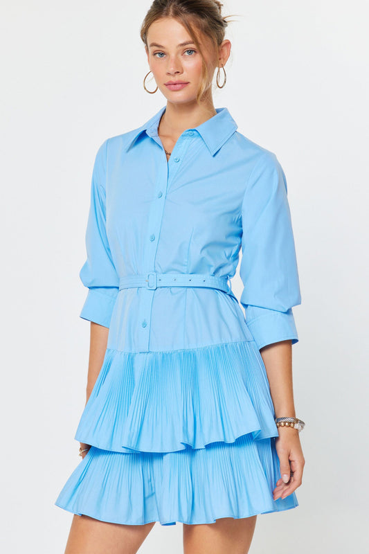 3/4 SLEEVE TIERED DRESS - SKY BLUE