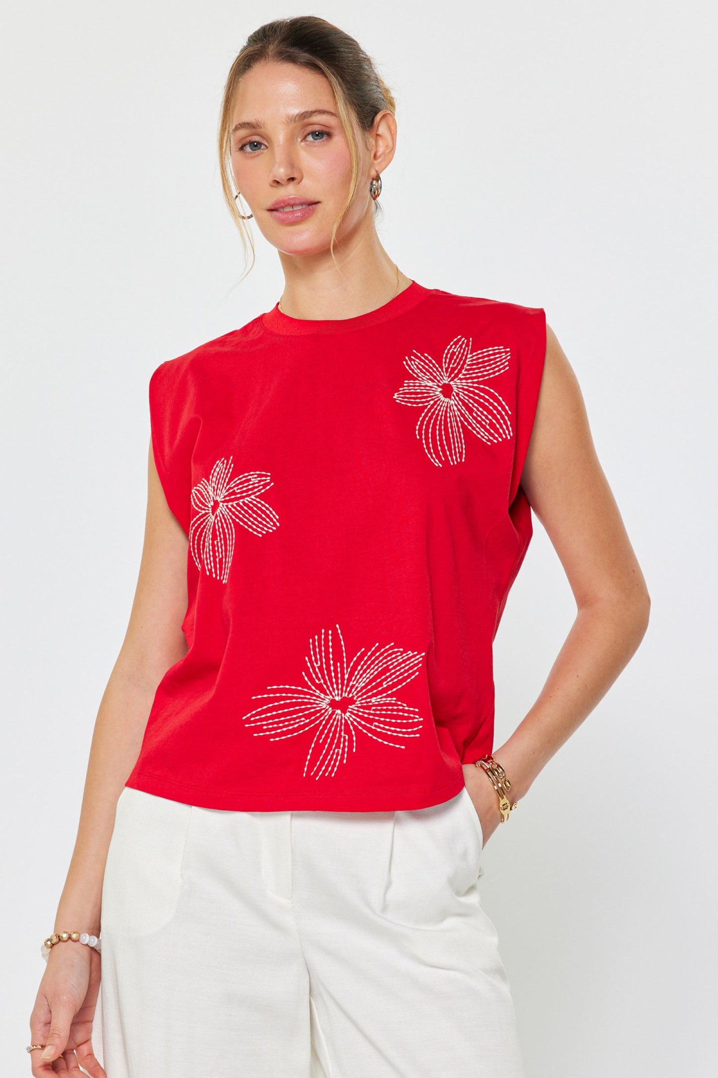 EMBROIDERED FLORAL TOP - RED
