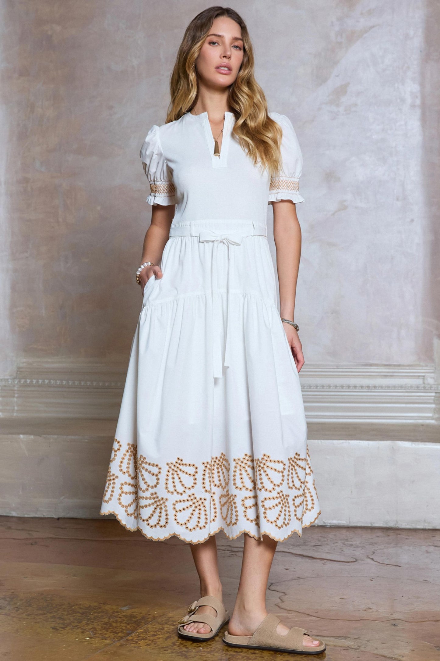 EYELET MIDI DRESS - WHITE
