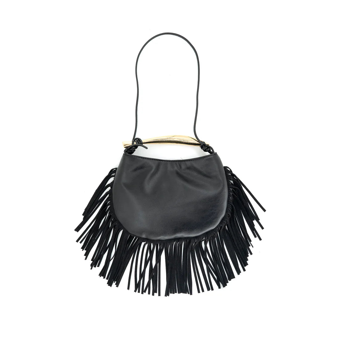 FRINGE BAG WITH GOLD BAR HANDLE