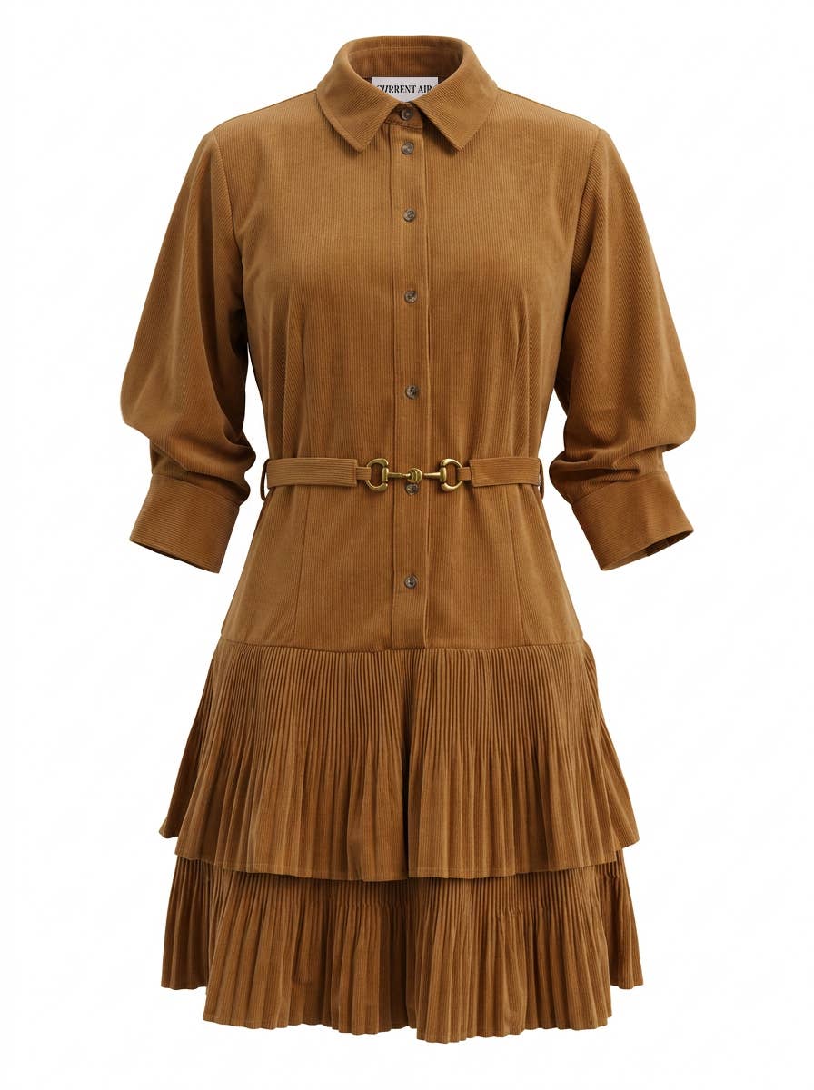 Corduroy Tiered Pleated Shirt Dress