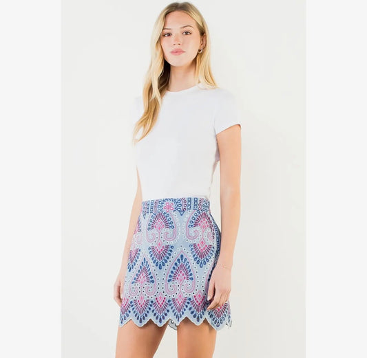 STITCHED EYELET SKIRT - BLUE