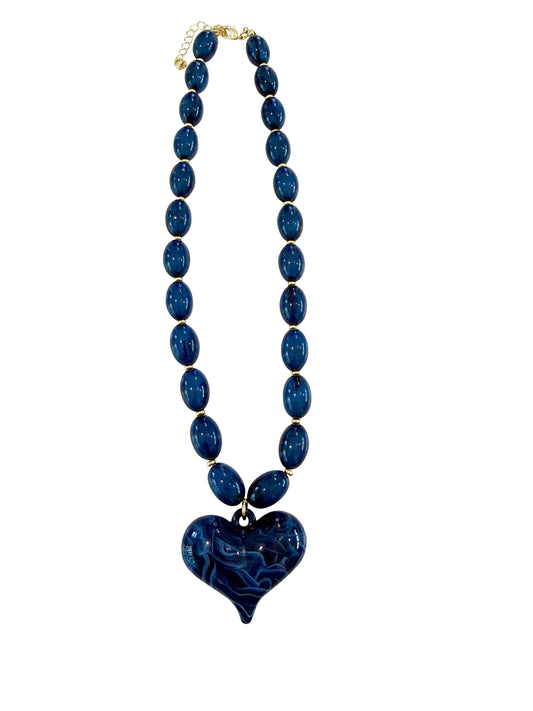 Roxie Navy Beaded Necklace with Heart Charm