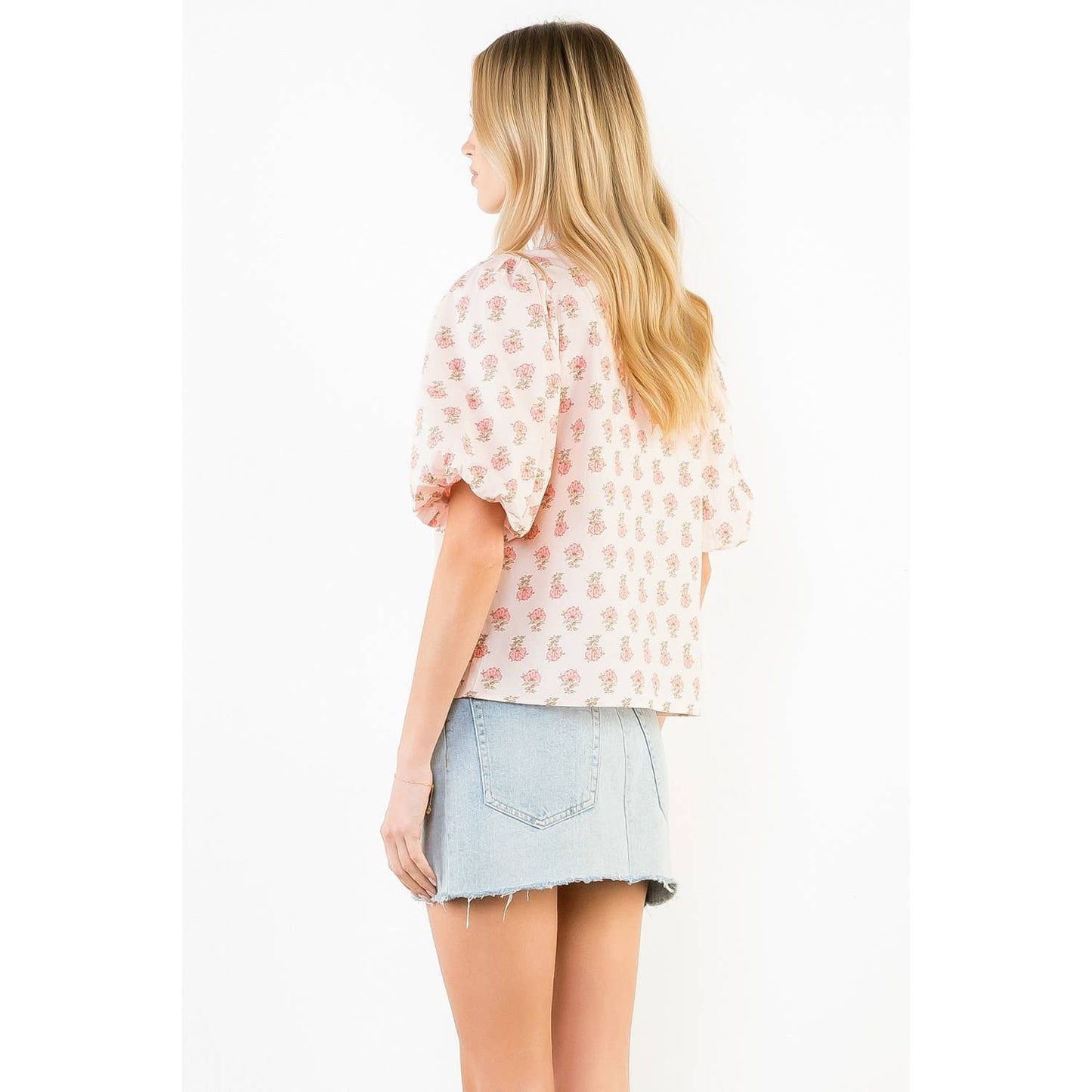 Puff Sleeve Floral Detail V-Neck Top