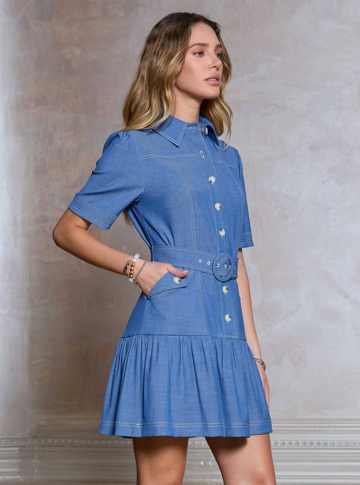 Shirt Mini Dress W/ O-ring Buckle Belt