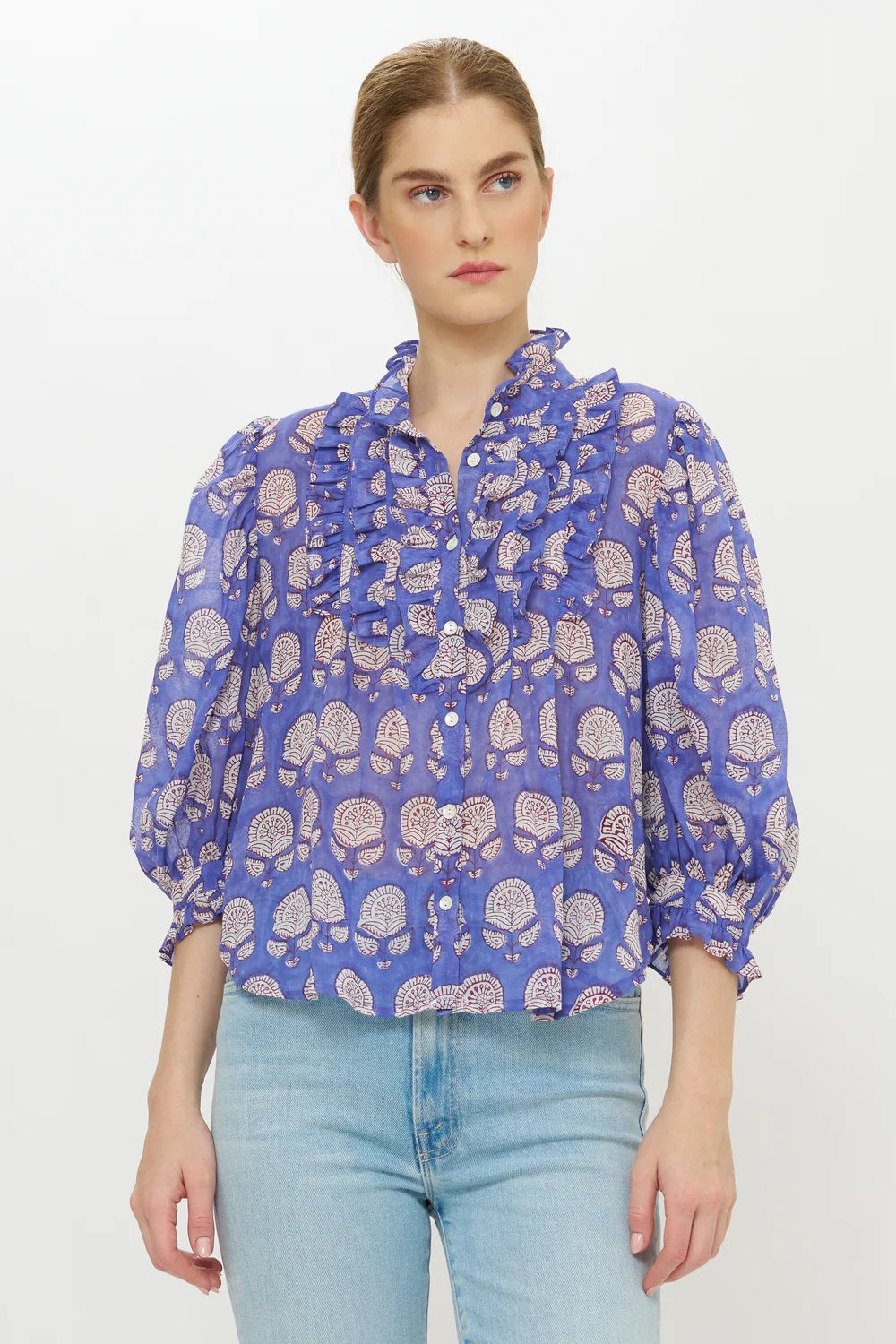 RUFFLE FRONT BUTTON BLOUSE- COBALT