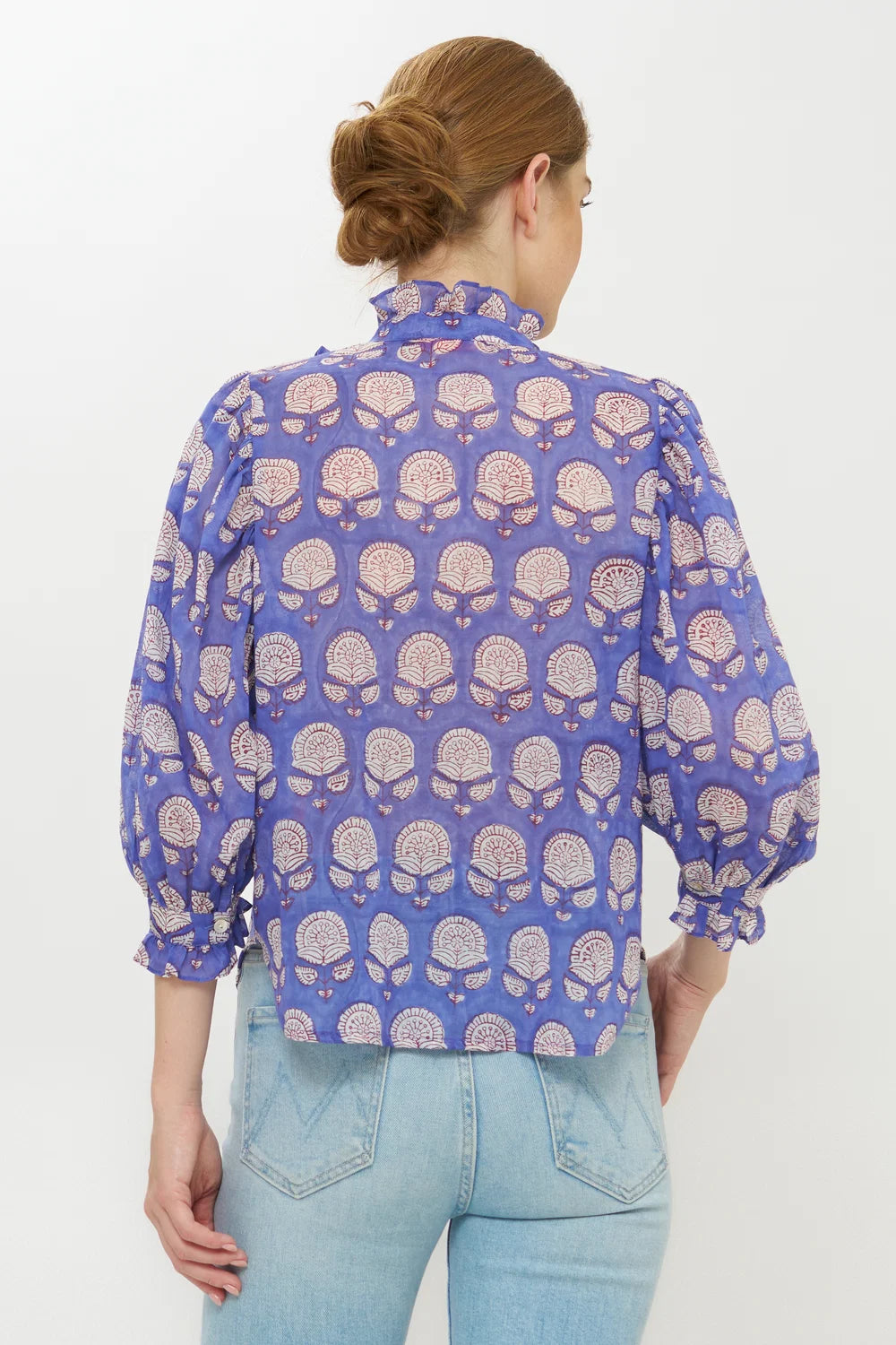 RUFFLE FRONT BUTTON BLOUSE- COBALT