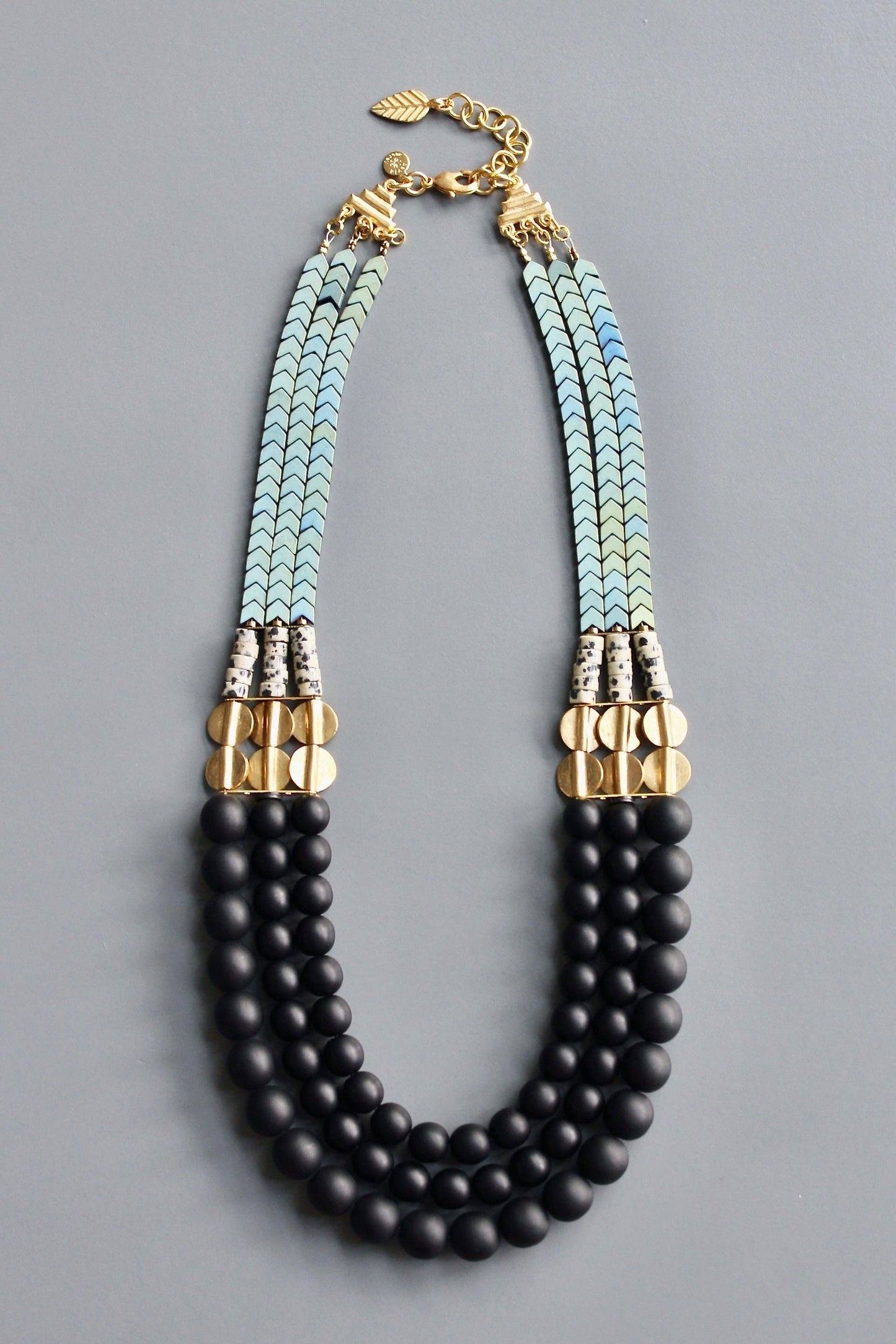 HYL221 Jet glass and hematite triple strand necklace