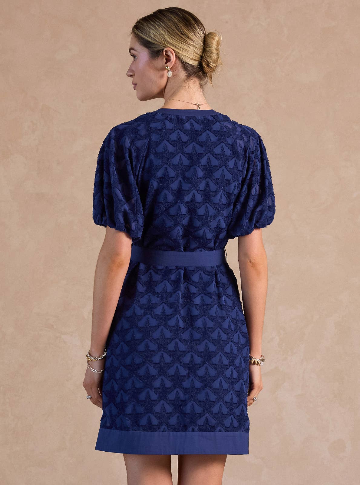 Textured Star Pattern Belted Mini Dress