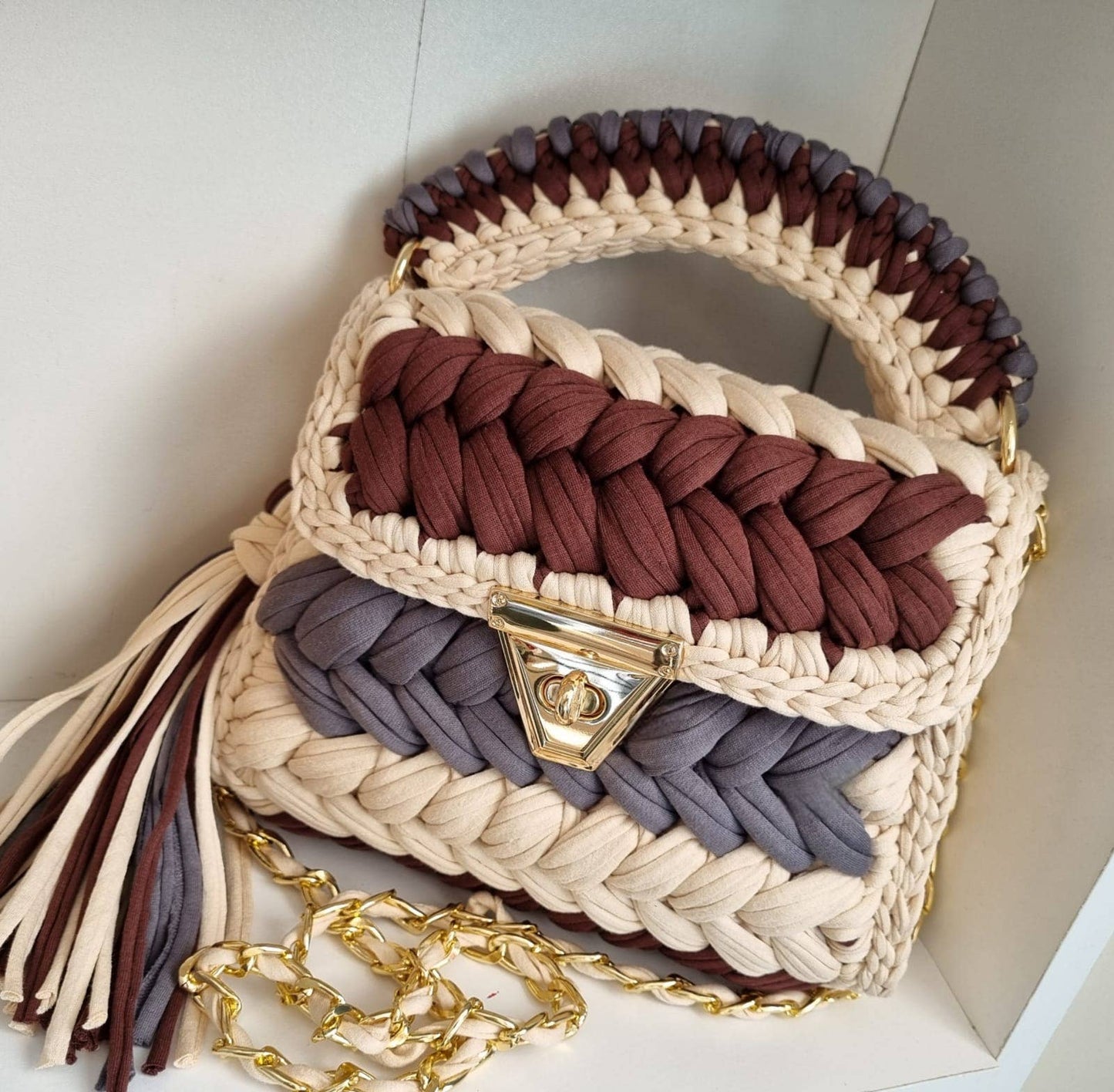 HANDMADE CROCHET BAG - BROWN/GRAY