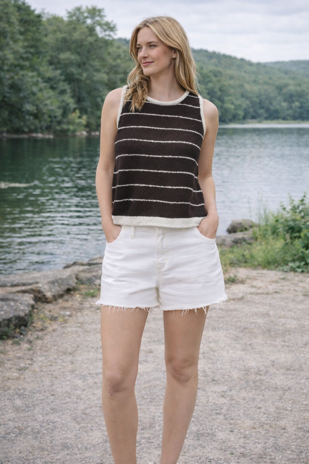 STRIPED KNIT TANK TOP - BLACK AND WHITE