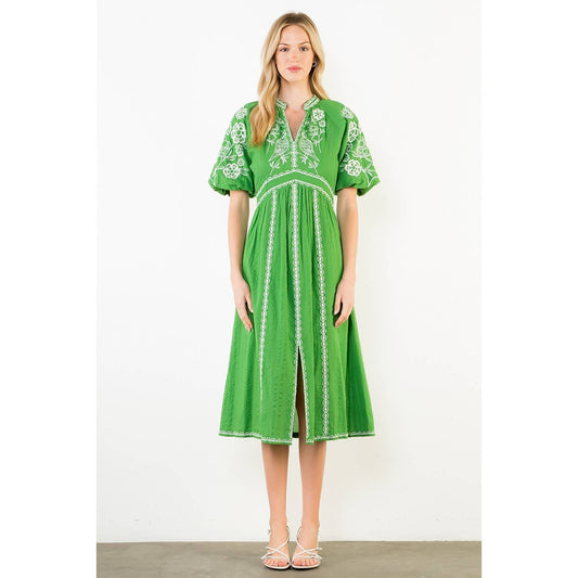 Puff Sleeve Embroidered Detail Dress
