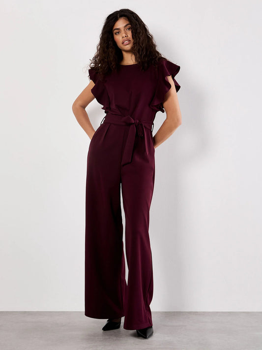 RUFFLE SLEEVE PLEAT DETAIL JUMPSUIT - BURGUNDY