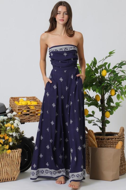STRAPLESS TIE BACK BANDANA PRINTED JUMPSUIT - NAVY