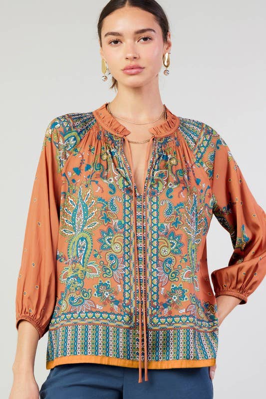 Paisley Printed 3/4 Sleeve Split Neck Blouse