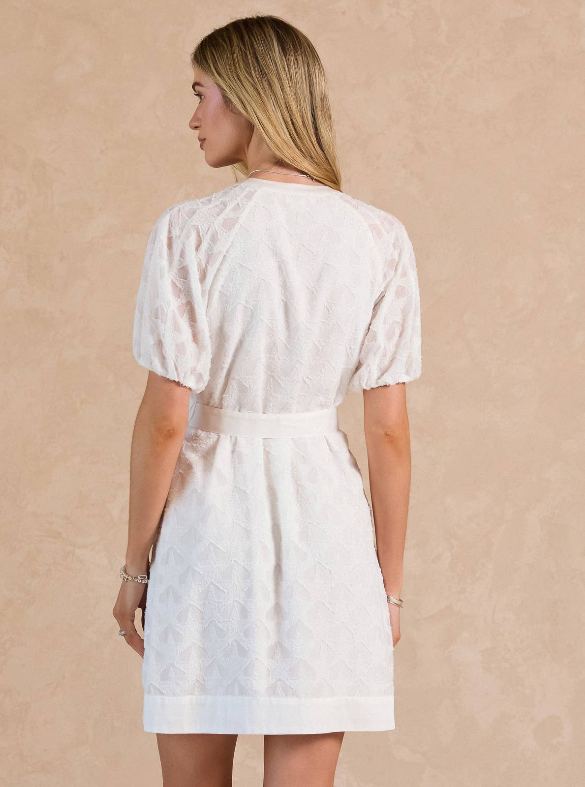 Textured Star Pattern Belted Mini Dress