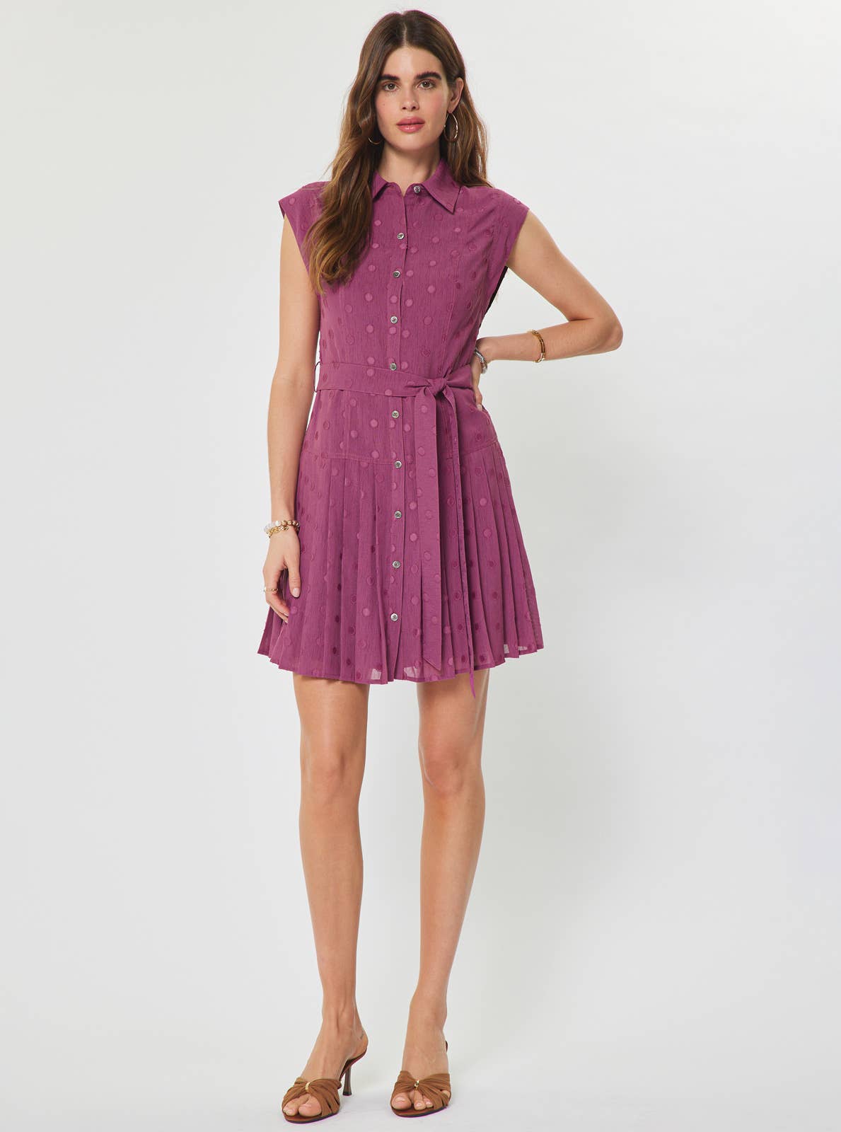 Polka Dot Pleated Button Down Mini Dress