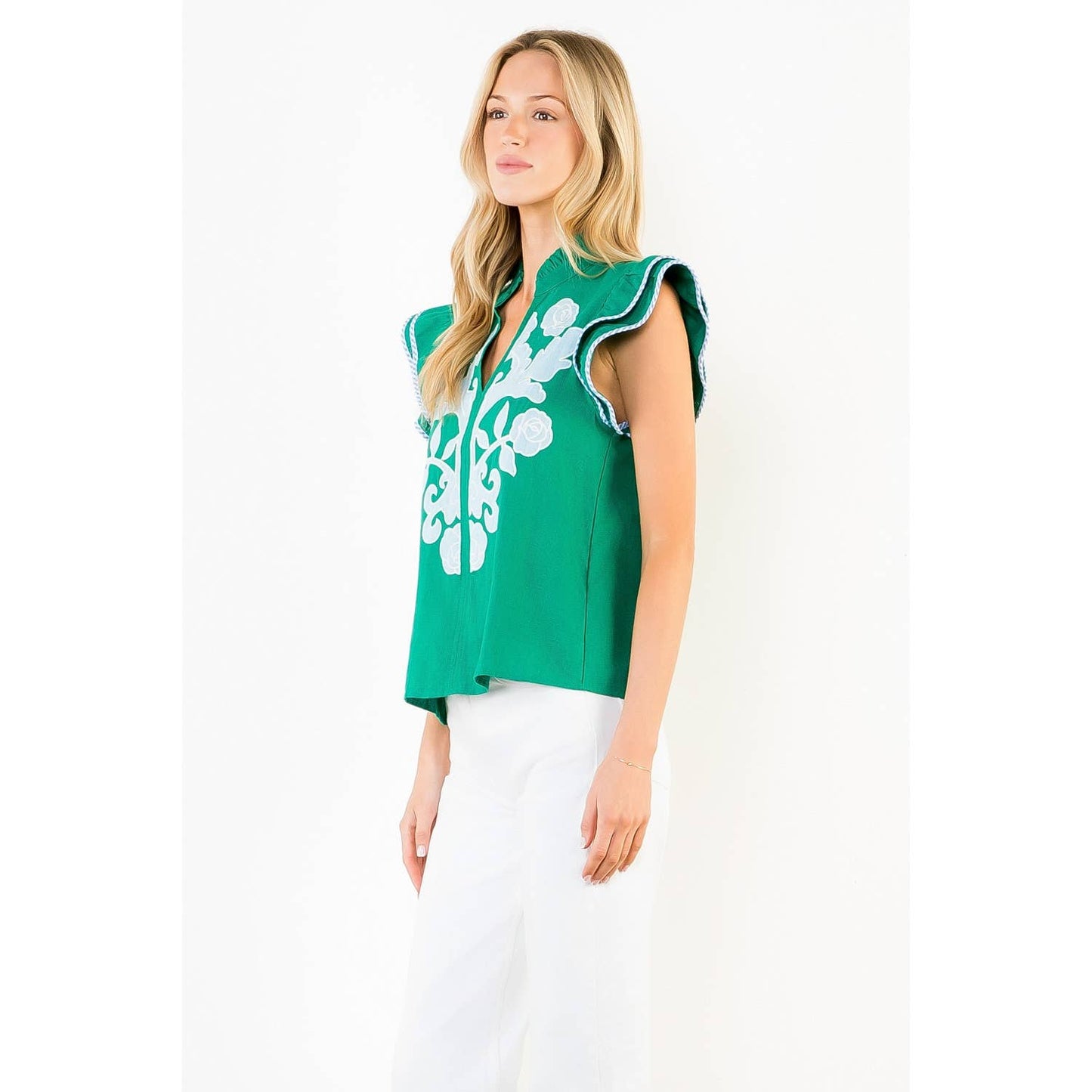 Embroidered Top With Ruffled Flutter Sleeves