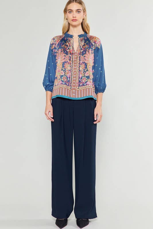 Paisley Printed 3/4 Sleeve Split Neck Blouse