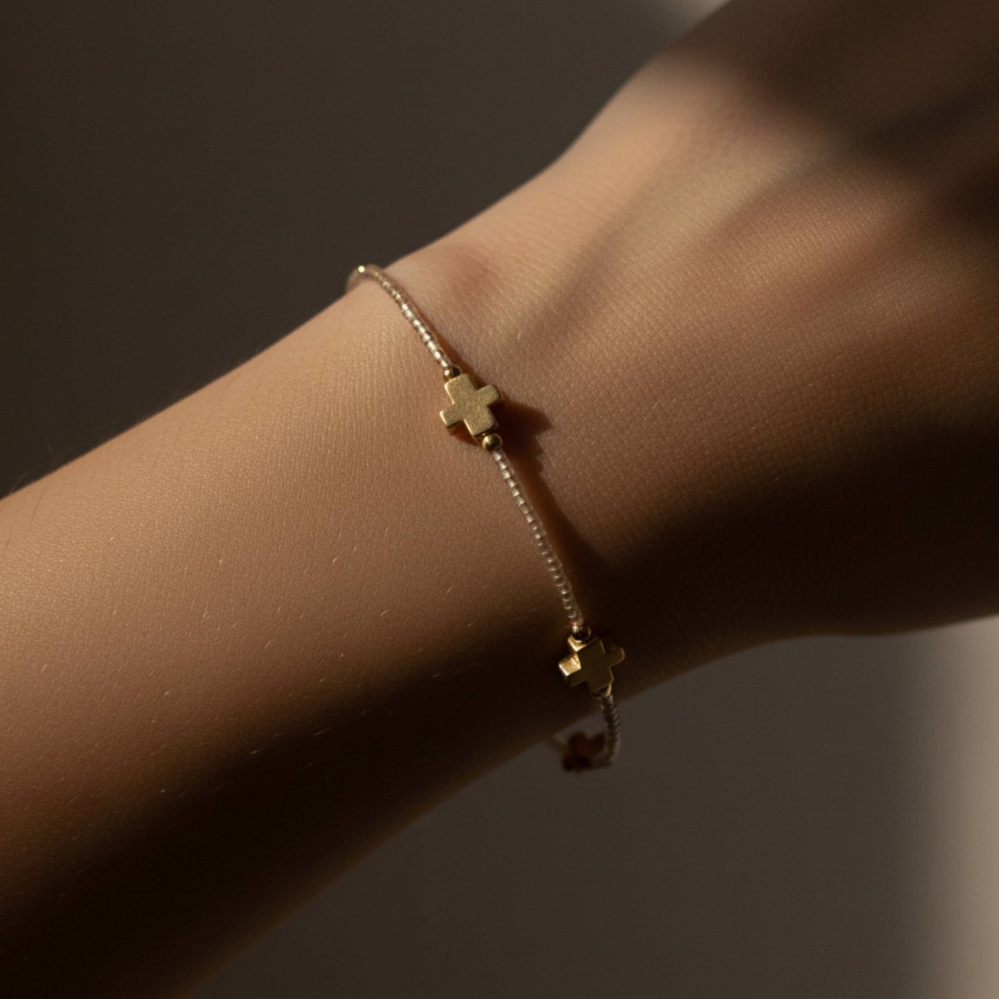 Faithful Cross Bangle w/ Matte Gold Crosses-Smoky Quartz