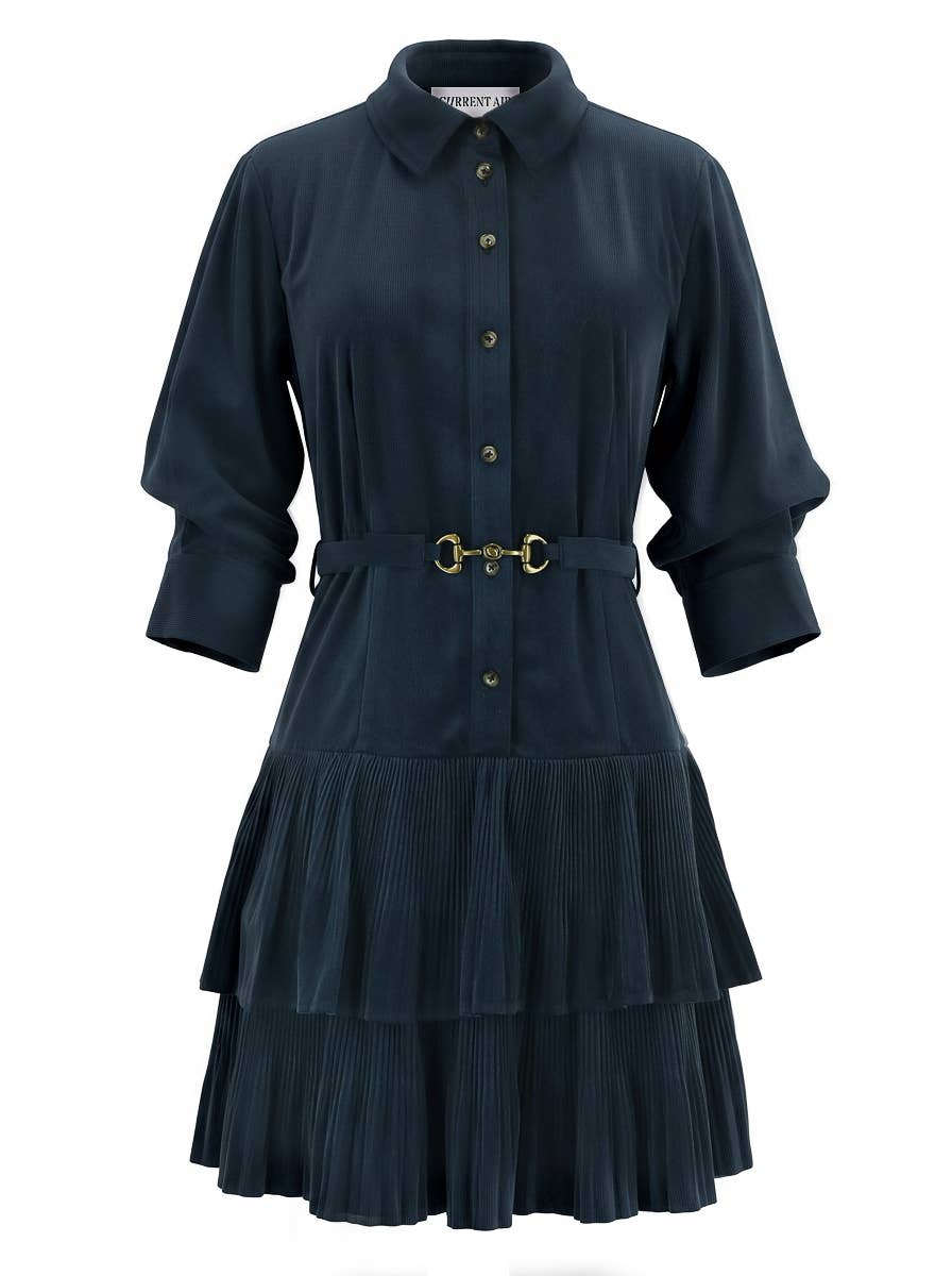 Corduroy Tiered Pleated Shirt Dress
