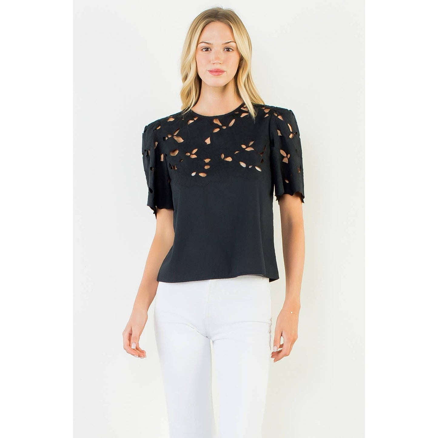 Short Sleeve Eyelet Top - Black