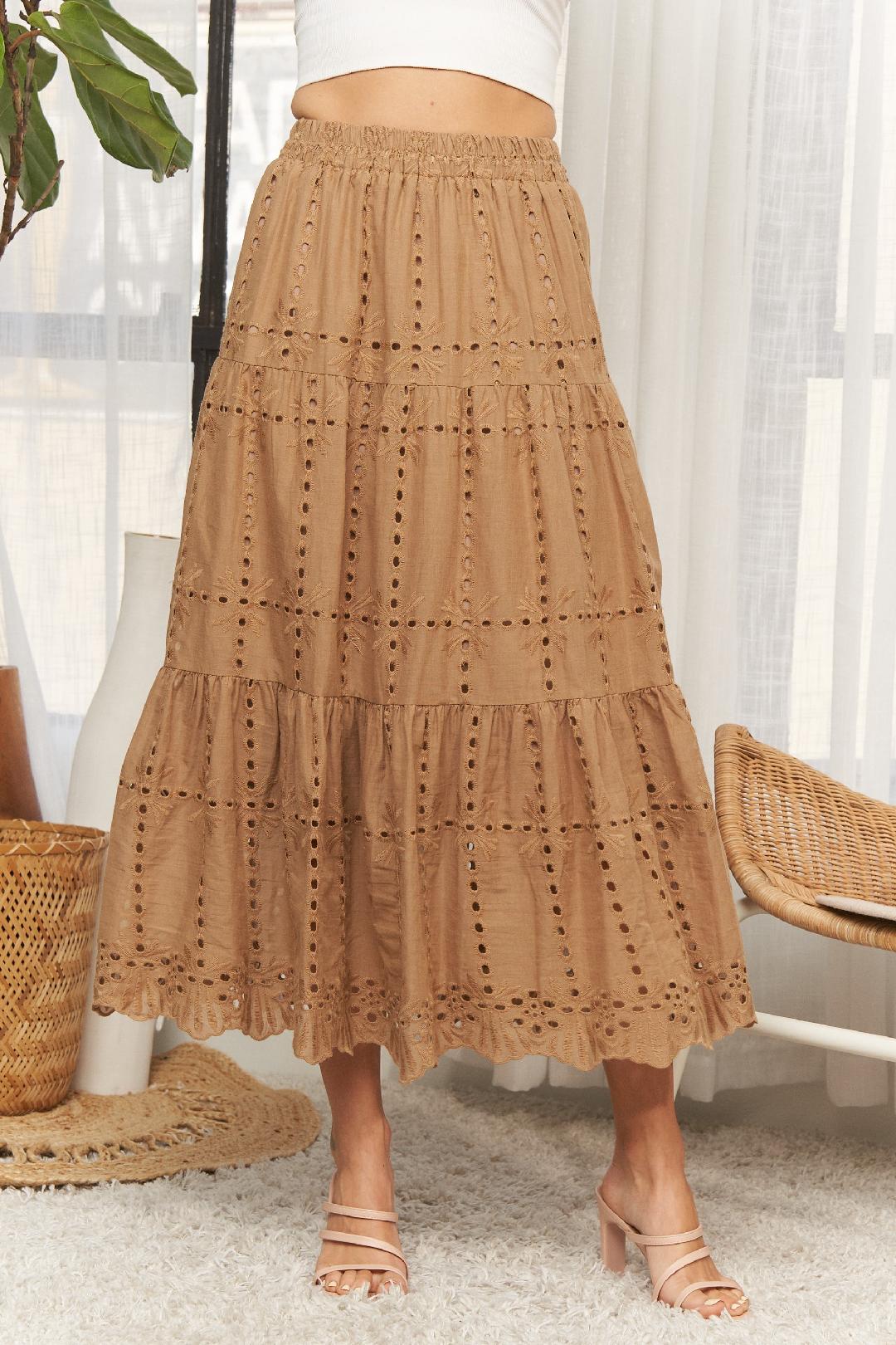 EYELET MAXI SKIRT - MOCHA
