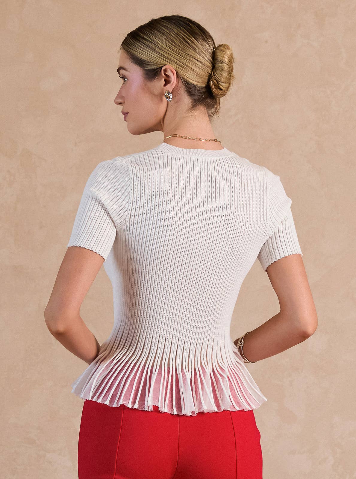 Short Sleeve Sheer Peplum Top - White