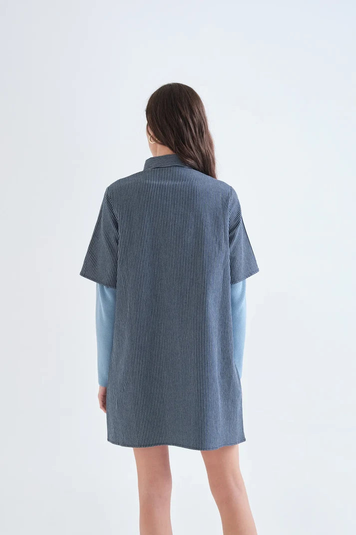 PINSTRIPED DRESS WITH HEART BUTTONS