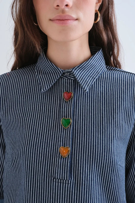 PINSTRIPED DRESS WITH HEART BUTTONS