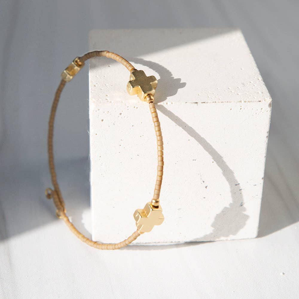 Faithful Beaded Cross Bangle w/ Matte Gold Crosses-Mocha