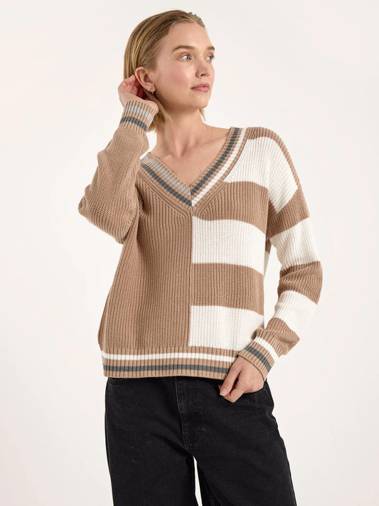 VALERIE STRIPE VNECK - LIGHT BROWN