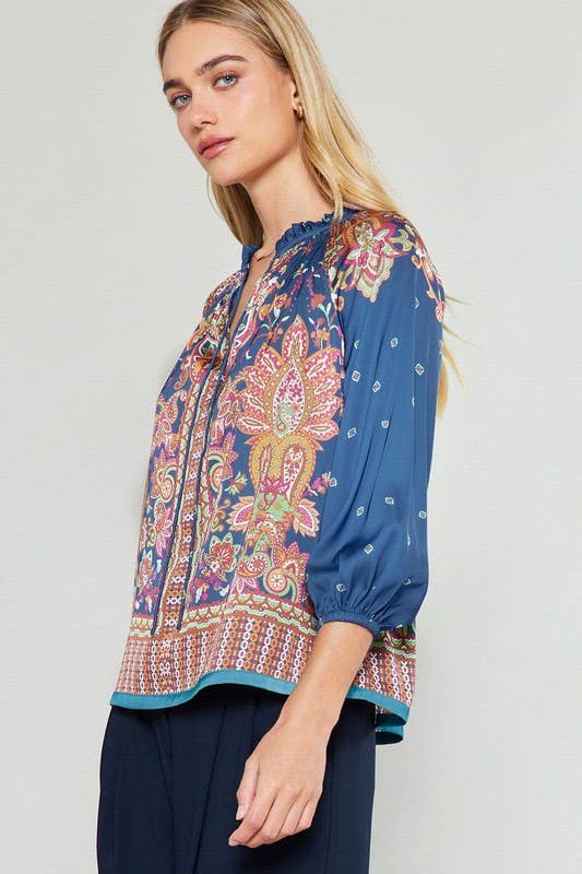Paisley Printed 3/4 Sleeve Split Neck Blouse