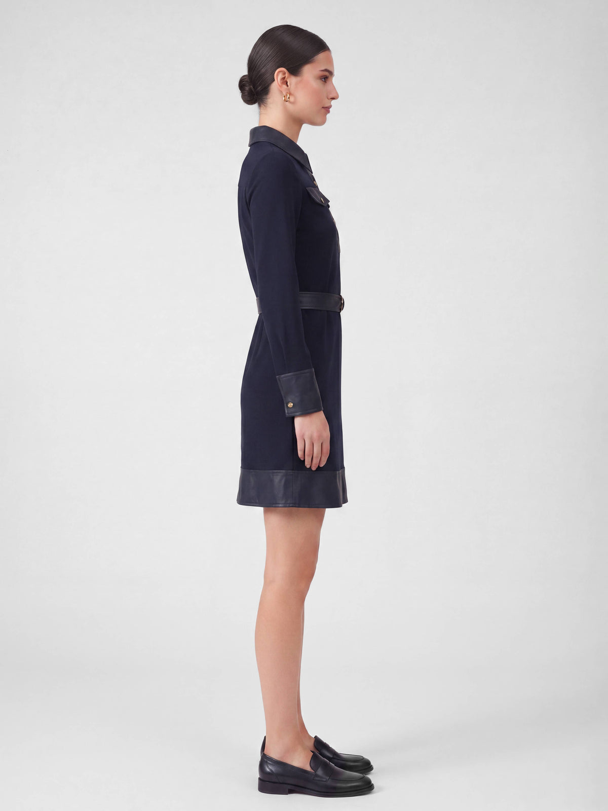 Polo Knit Mini Dress With Faux Leather Contrast