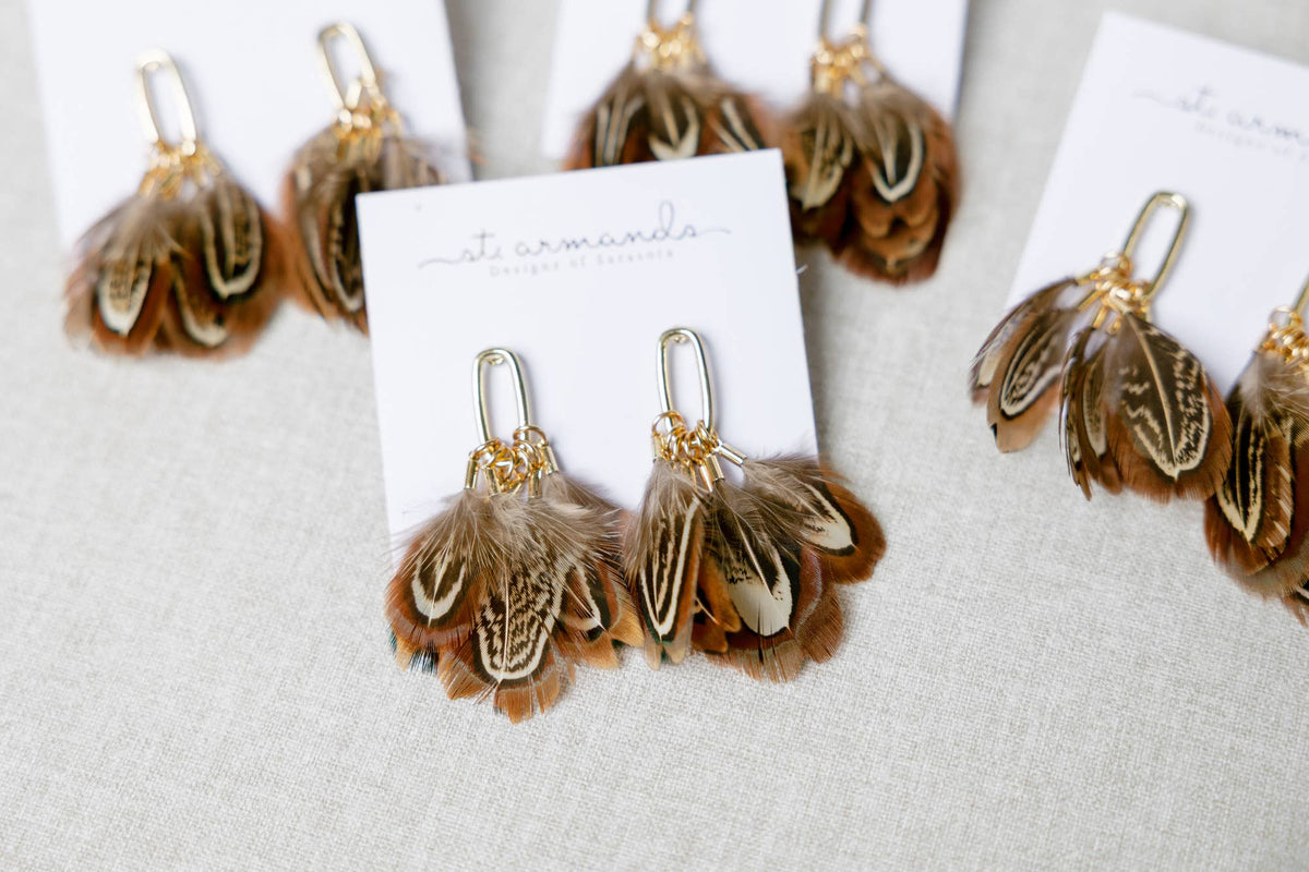 Chestnut Pheasant Fall Feather Tassel Statement Earrings