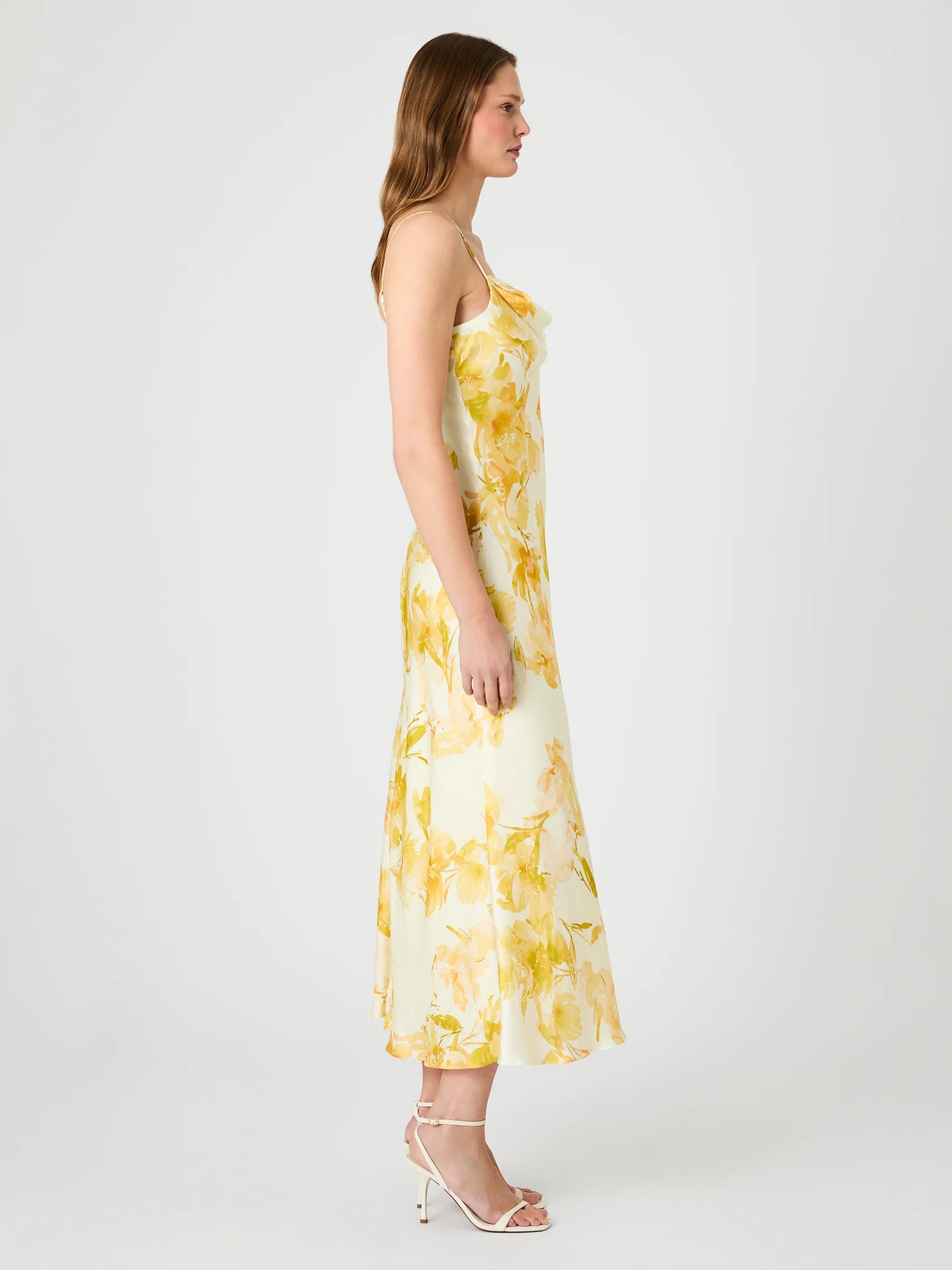 FLORAL SATIN COWL NECK DRESS