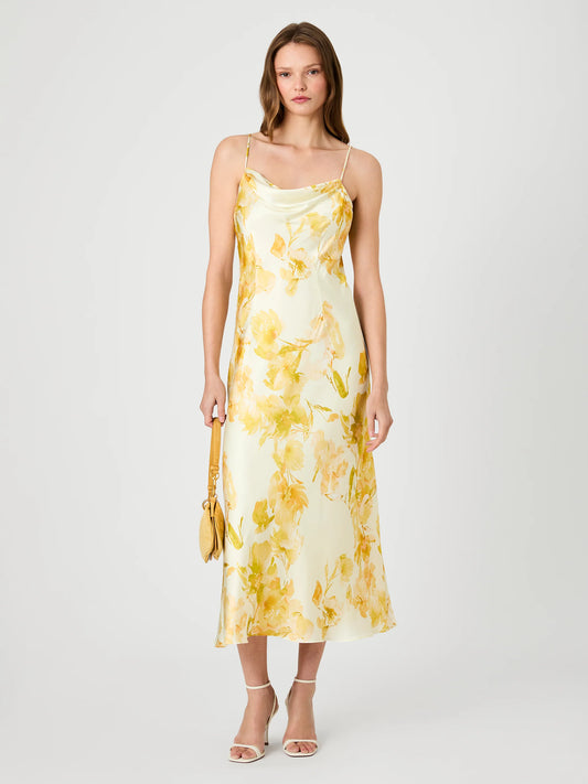 FLORAL SATIN COWL NECK DRESS